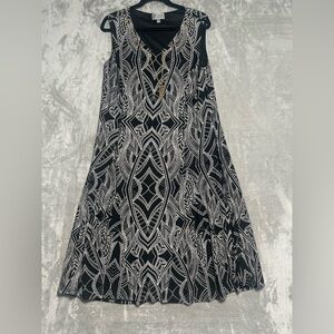 JM Collection Career Midi Dress Women’s XL Black White Sleeveless Gold Chains